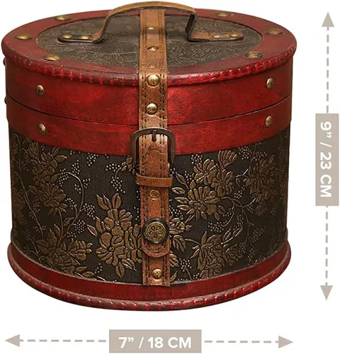 Vista 2 de Joyero vintage, caja de baratijas de estilo victoriano clásico con cerradura, caja de madera cilíndrica para accesorios, pequeña caja de recuerdo