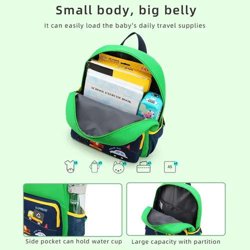 Vista 4 de willikiva Mochila infantil de dinosaurio para niños y niñas, bolsa preescolar impermeable (autobús verde)