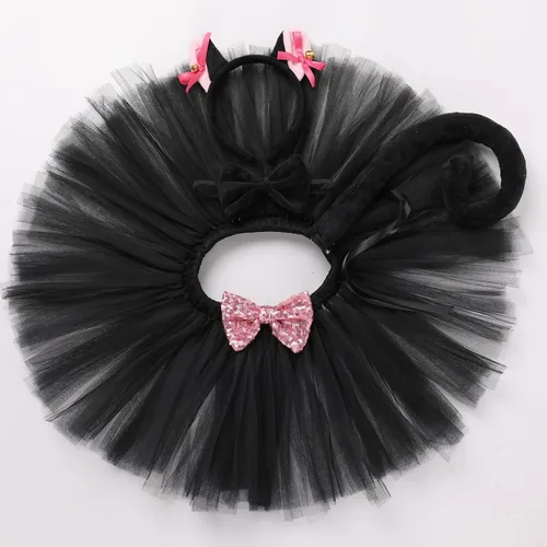 Vista 2 de AWIBMK Disfraz con temática de animales para niñas pequeñas, falda de tul con orejas, diadema, pajarita y cola para Halloween y cosplay