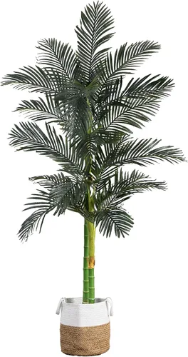 Vista 5 de Nearly Natural Palmera artificial de caña dorada de 3 pies con cesta de yute y algodón hecha a mano con borlas, kit de bricolaje