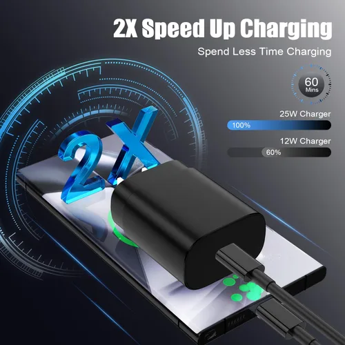Vista 3 de Paquete de 2 cargadores USB C de 25W para Samsung Galaxy S24 Ultra, bloque de carga rápida súper silenciosa tipo C con cable C a C de 3 pies