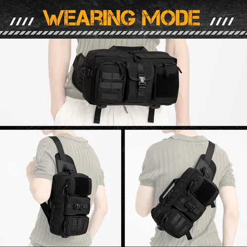 Vista 6 de ATZB Riñonera táctica para hombre, bandolera en el pecho, hombro cruzado, riñonera para senderismo, Negro