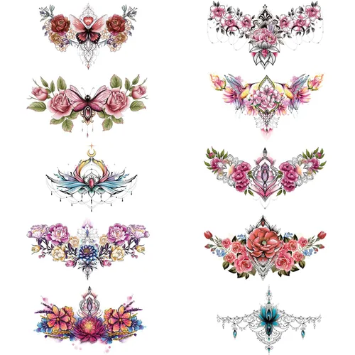 Vista 4 de Glaryyears Tatuaje temporal debajo del pecho para mujer, paquete de 10 tatuajes realistas florales grandes, calcomanías creativas de larga duración