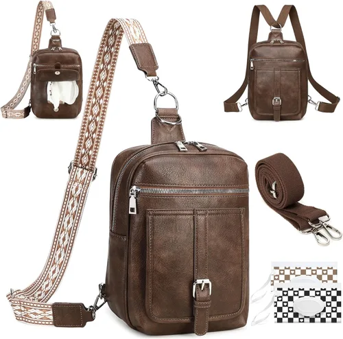 Vista 24 de Bolso Bandolera Mochila Cruzada - 2 en 1 Bolso Cruzado de Cuero Riñonera con 2 Correas Extraíbles Mini diaper bag, Instant Wipes pocket