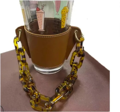 Vista 16 de Soporte de cuero de lujo para bebidas con mango de bebidas, soporte reutilizable para tazas de café de viaje, soporte de taza de cadena de metal