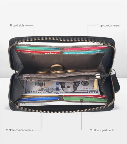Vista 2 de Oak Leathers Cartera de cuero para mujer – Cartera Clutch RFID para mujer con 8 portadores de tarjetas de crédito, bolsillo para monedas, regalo