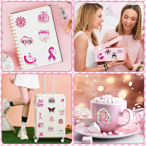 Vista 7 de MARFOREVER 200 piezas de calcomanías de conciencia del cáncer de mama, calcomanías de cinta rosa para mujeres y niñas, calcomanías de vinilo