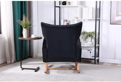 Vista 6 de Mecedora tapizada de terciopelo, asiento acolchado con respaldo alto, silla auxiliar cómoda para sala de estar, dormitorio, oficinas (negro)