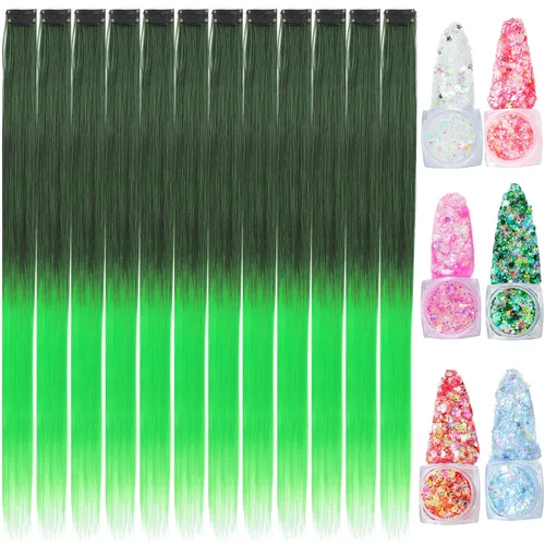 Vista 14 de Extensiones de cabello de colores, extensión de cabello liso con clip de 22 pulgadas, extensiones de cabello con brillantina multicolor arcoíris