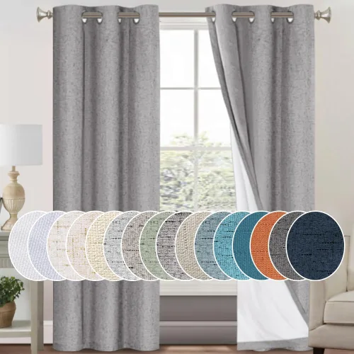 Vista 107 de Cortinas con textura de lino 100% opacas de 64 pulgadas de largo, juego de 2 paneles de cortinas de lino opacas con forro aislante térmico que Arena