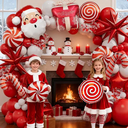 Vista 6 de Kit de guirnalda de globos de Navidad en forma de arco con globos rojos y blancos, caramelo, bastón, estrella, estrella de explosión, caja