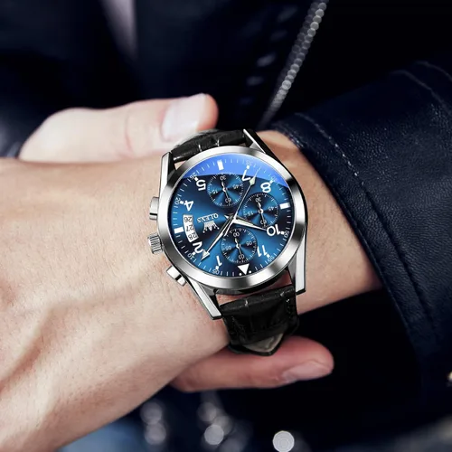 Vista 3 de OLEVS Reloj cronógrafo de cuarzo para hombre, correa de cuero dorada con fecha de día, reloj de pulsera de acero inoxidable impermeable, relojes
