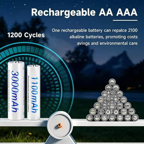 Vista 2 de Batería recargable con cargador universal para baterías recargables Ni-MH AA AAA C D, 4 pilas AA y 4 pilas AAA de baja autodescarga NiMH
