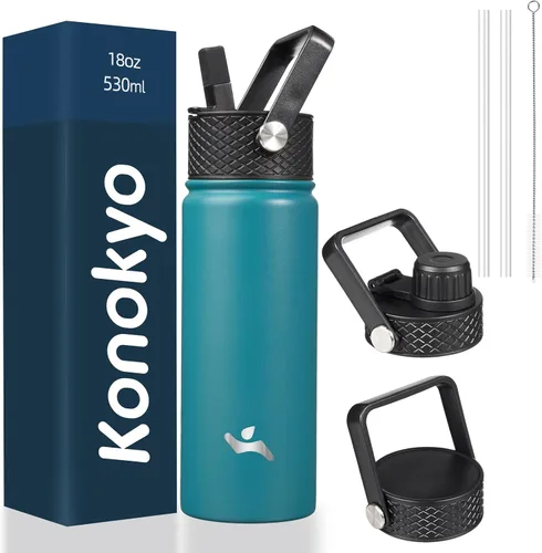 Vista 112 de Konokyo - Botella de agua aislada de 18 onzas, botellas deportivas de acero inoxidable con 3 tapas, verde militar