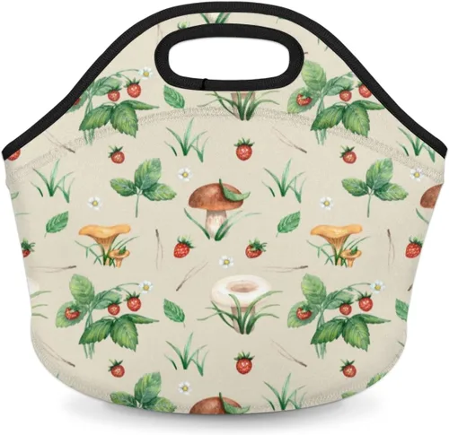 Vista 2 de Bolsa de almuerzo con aislamiento de hongos y fresas, bolsa de almuerzo reutilizable para hombres y adultos, lonchera de neopreno para trabajo