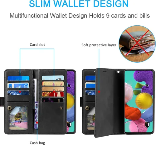 Vista 2 de UEEBAI Funda tipo cartera para Samsung Galaxy S22 5G, Retro 9 ranuras para tarjetero, bolsillo con cremallera, cierre magnético, función atril