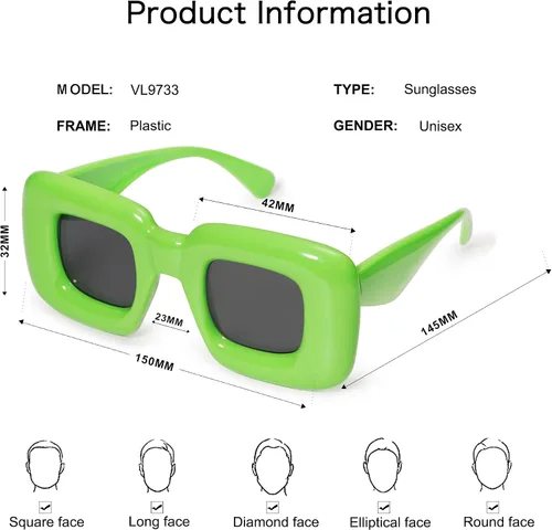 Vista 4 de VANLINKER Lindas gafas de sol cuadradas infladas para mujeres y hombres, gafas gruesas retro con marco grueso divertido máscara sombras VL9733