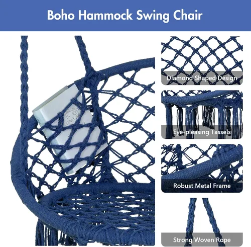 Vista 3 de ANOW Hamaca de macramé resistente con soporte, silla colgante azul