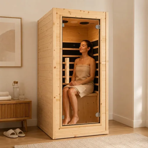 Vista 12 de Sala de sauna de infrarrojo lejano de 1350W para el hogar, sauna de madera canadiense de Hemlock de calentamiento rápido bajo EMF, luz de sauna que