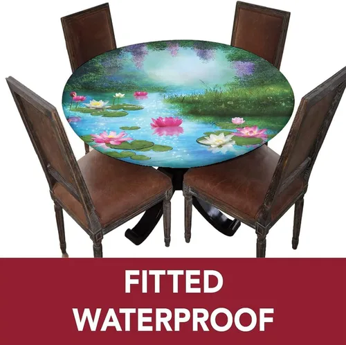 Vista 3 de Nature Round Fitted Tablecloth Cover,Fantasy Pond with Water Lilies Elastic Edged Polyester Fitted Table Pad, XLarge, Fit Round Tables up 59"-63