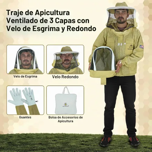 Vista 2 de Chaqueta de abeja de malla ventilada de 3 capas para hombres y mujeres con velos, chaqueta de apicultura a prueba de picaduras con guantes de cuero