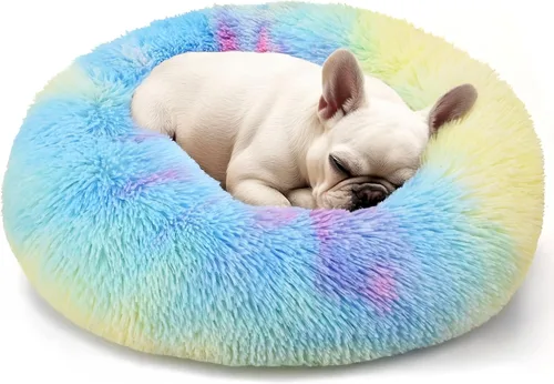 Vista 31 de Hoewina - Cama redonda, calmante, en forma de rosquilla, lavable, esponjosa para interiores, perros y gatos pequeños y medianos, negro, 20 pulgadas