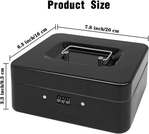 Vista 2 de Caja de efectivo de acero con cerradura de combinación, organizador de dinero pequeño de metal con bandeja de dinero extraíble, caja de Negro - 7.9
