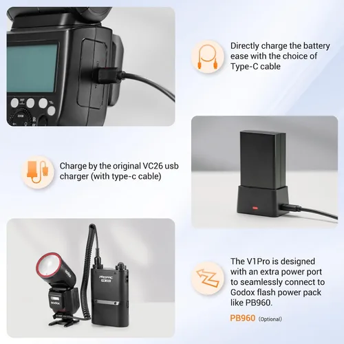 Vista 5 de GODOX V1 Pro F Flash para Fuji, 2.4G TTL Flash de cámara de cabeza redonda para Fujifilm HSS 1/8000s, batería de iones de litio de carga USB-C, 500