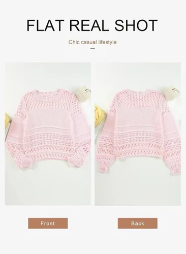 Vista 5 de Dokotoo Suéter de manga larga tipo farol para mujer, cuello redondo, de ganchillo, con huecos, suéter de punto