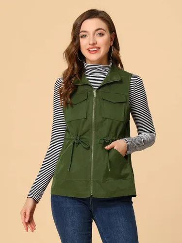 Vista 3 de Allegra K Chaleco de carga casual con cordón y cremallera para mujer