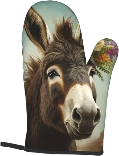 Vista 8 de Juego de 4 guantes de horno y soportes para ollas con estampado de animales burros, resistentes al calor, antideslizantes, guantes de horno