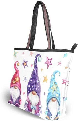 Vista 7 de QMXO - Bolso de mano con diseño de gnomos mágicos y estrellas, para mujer, bolsa de mano de gran capacidad con asa superior