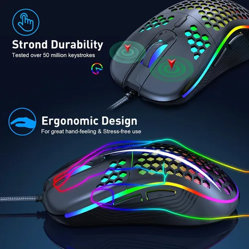 Vista 3 de JYCSTE Wired Gaming Mouse, Computer Mouse Ergonomic Mice Honeycomb Design with RGB Backlight, 6 Buttons, 7200 Adjustable DPI for PCMacLaptop