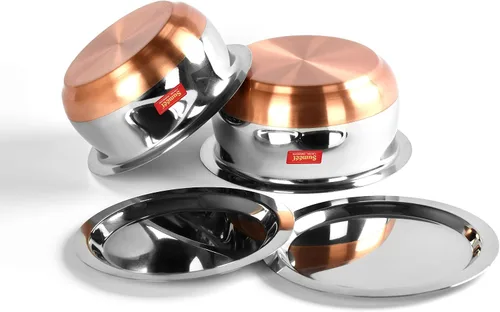 Vista 5 de Sumeet Forma de vientre inferior de cobre de acero inoxidable 2 piezas Tope/Cookware/Pot Set con tapa 1.4Ltr, 1.75Ltr (Plata)