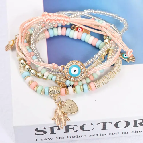 Vista 3 de EACHAR - Collar de tres capas de ojo malvado, 6 pulseras elásticas de cuentas, aretes de plata, tobillera ajustable, Ojo Turco Lucky Kabbalah