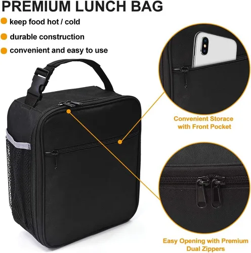 Vista 5 de Lonchera aislada, a prueba de fugas, portátil, para mujeres, hombres, niños y niñas, bolsa enfriadora de gran capacidad con asa y bolsillo para Negro