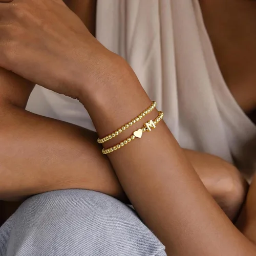 Vista 3 de Ursteel Pulsera de corazón con inicial para mujer, delicada, chapada en oro de 14 quilates, pulseras de cuentas para mujer, joyería de corazón