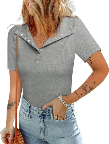Vista 2 de MCKOL Blusa de manga corta con cremallera y ajuste holgado para mujer, estilo casual, con cuello