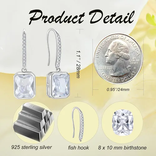Vista 6 de Aretes colgantes de plata de ley 925 con forma de baguette, con piedra natal rectangular, aretes de gancho para mujer, regalos de joyería