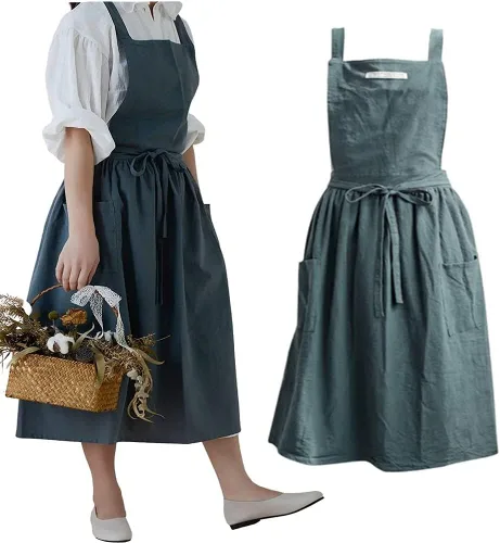 Vista 8 de Delantal de cocina de algodón y lino para mujer con bolsillos, lindo para hornear, pintar, jardinería y limpieza