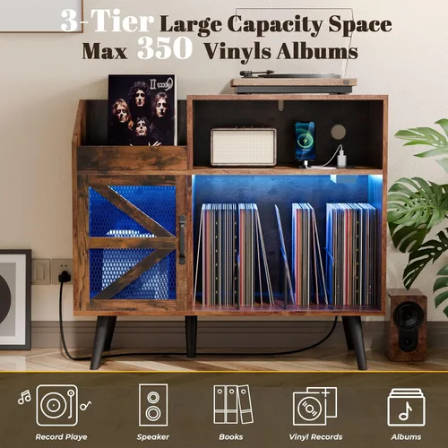 Vista 5 de MULEJYBO Soporte Grande Rústico para Tocadiscos con Puerta Magnética, Gabinete de Almacenamiento para 350 Discos de Vinilo, Mesa para Tocadiscos