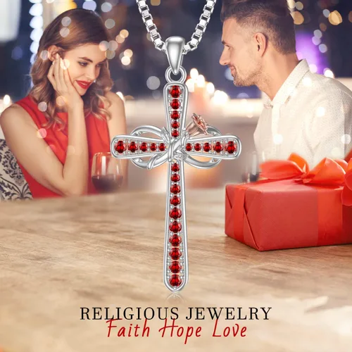 Vista 5 de Collar de cruz para mujer, collar con dije de piedra natal de plata de ley, collar de cruz de infinito con flor de rosa, joyería religiosa