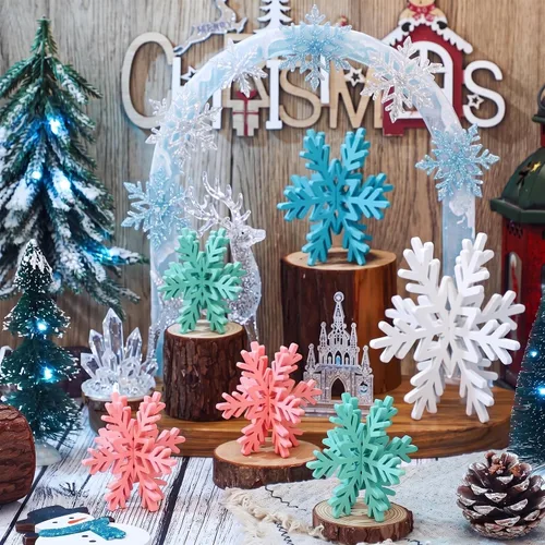 Vista 4 de Bucherry 12 piezas de decoración de mesa de copo de nieve de madera 3D con copos de nieve y centro de mesa para fiesta de congelados, Navidad