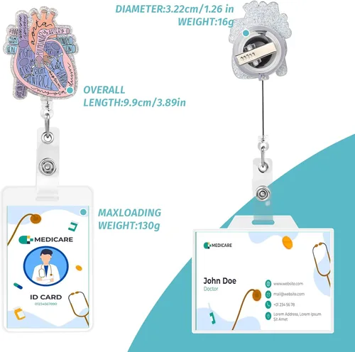 Vista 3 de Dimeho Portaplacas de Identificación Cardíaco Corazón Carrete Retráctil Clip Tarjeta ID Anatomía Divertido Portanombres Enfermera Pediatría