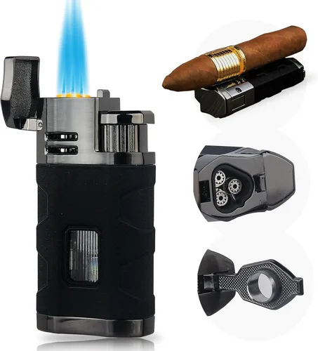Vista 8 de PROMISE Encendedor de metal Triple Jet Flame recargable de butano resistente al viento, butano no incluido (negro)