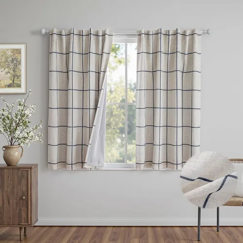 Vista 7 de MYSKY HOME Cortinas de Lino a Cuadros 100% Opacas de 45 Pulgadas de Largo de Doble Capa Estilo Granja con Aislamiento Térmico Estampado a Cuadros