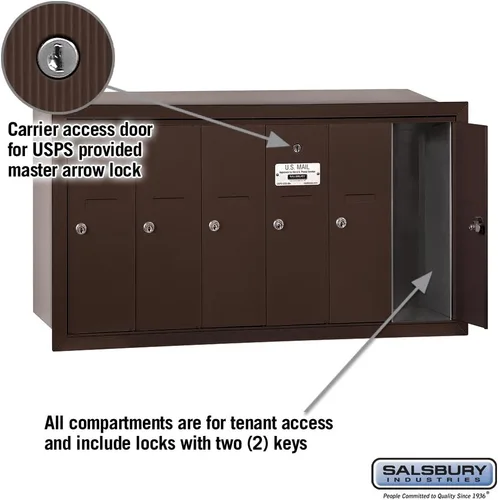 Vista 2 de Salsbury Industries 3506ZRU Buzón vertical empotrado con acceso USPS y 6 puertas, bronce