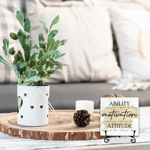 Vista 5 de Ability Motivation Attitude - Letrero de madera motivacional con soporte de metal, placa de madera inspiradora de 5 pulgadas, decoración de mesa