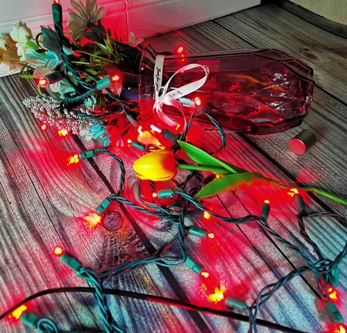 Vista 4 de Luces de Navidad de 50 LED rojas, 5.2 metros de mini luces LED de cadena, 120 V, con cable verde, luces navideñas para uso en interiores y Rojo