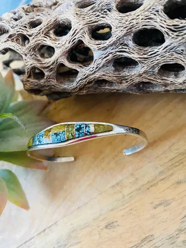 Vista 3 de Navajo - Pulsera de plata de ley y luna azul natural con incrustaciones de turquesa, Metal, turquesa